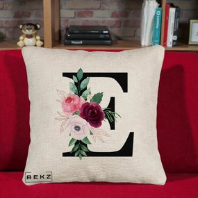Cadou Personalizat - Perna Personalizata Monograma Florala Litera E, 40x40 cm, Bej Canapea, Husa Detasabila, Perna Inclusa, BEKZ®