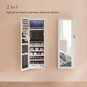 Dulap pentru bijuterii montat pe perete cu oglindă JEWELIA, cu iluminare LED, 10x37x120 cm, alb SongmicsHome