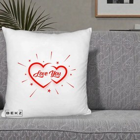 Cadou Romantic - Perna Personalizata Love You Doua Inimi, 40x40 cm, Alb Pufos, Husa Detasabila, Perna Inclusa, BEKZ®