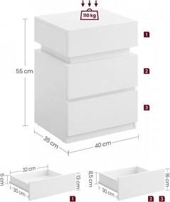 Noptiera cu iluminare LED, 40 x 35 x 55 cm, PAL melaminat, alb, Vasagle