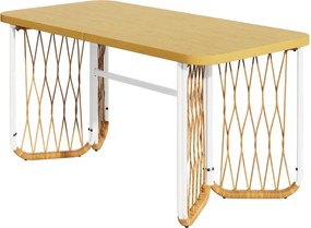 Set modern de mobilier de grădină, 7 piese, cadru alb din fier cu cotiere împletite, 1 masă+6 scaune, Bej+Culoare naturală