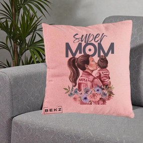 Cadou pentru Mama - Perna Personalizata Super Mom Mama cu Bebelusul, 40x40 cm, Roz, Husa Detasabila, Perna Inclusa, BEKZ®