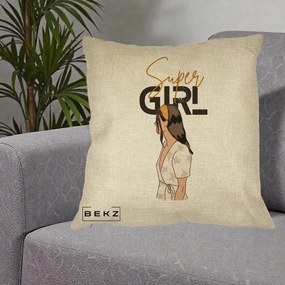 Perna Decorativa Super Girl Aesthetic, 40x40 cm, Crem, Husa Detasabila, Perna Inclusa, BEKZ®