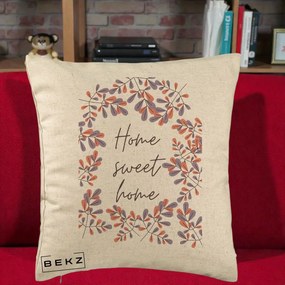 Perna Decorativa Home Sweet Home Frunze Colorate, 40x40 cm, Bej, Husa Detasabila, Perna Inclusa, BEKZ®