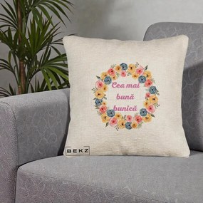 Cadou pentru Bunica - Perna Personalizata Cea Mai Buna Bunica Coronita Flori Multicolore, 40x40 cm, Bej Canapea, Husa Detasabila, Perna Inclusa, BEKZ®