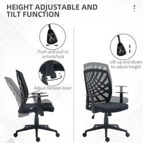 HOMCOM Scaun de Birou Ergonomic cu Înălțime Reglabilă, Scaun de Birou Pivotant cu Balansoar și Țesătură din Plasă Respirabilă, 58x56x97.5-106.5 cm, Negru