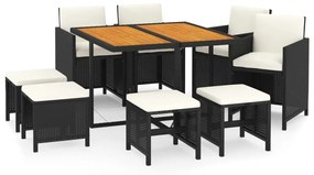 Set mobilier de gradina cu perne, 9 piese, negru, poliratan negru si maro, Lungime masa 109 cm, 4x fotoliu + 4x suport pentru picioare + masa, 1