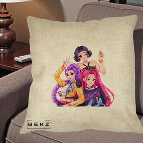 Perna Personalizata K-pop HUNTRX Trio Animat Fete Foto, 40x40 cm, Crem, Husa Detasabila, Perna Inclusa, BEKZ®