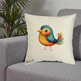 Perna Decorativa Pasare Folk Art Portocalie-Teal, 40x40 cm, Ecru, Husa Detasabila, Perna Inclusa, BEKZ®