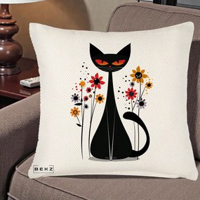 Perna Decorativa Pisica Neagra Ochi Rosii Flori, 40x40 cm, Crem Reliefat, Husa Detasabila, Perna Inclusa, BEKZ®