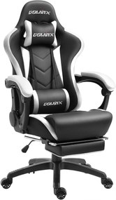 DOWINX Scaun gaming, ergonomic, suport lombar cu masaj, spătar rabatabil, tetieră, suport pentru picioare, rezistent 150 kg, piele PU, Negru/Alb