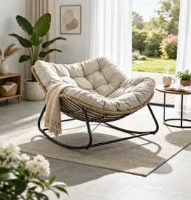 Scaun balansoar pentru interior si exterior, sezlong tip ou cu pernă captusita, cadru metalic, Bej