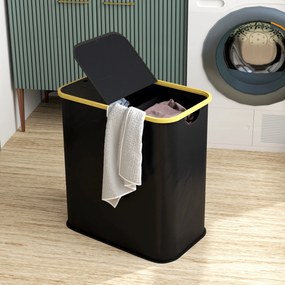 HOMCOM Coș pentru Rufe de 80L cu 2 Secțiuni și Capac din Material Textil și Bambus, 54x34x58,5 cm, Negru | Aosom Romania