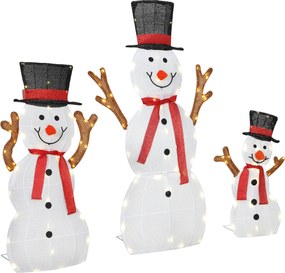 Outsunny Familie de omuleți de zăpadă în 3 piese, decorațiune exterioară, lumini LED, țăruși, rezistent la apă, oțel, poliester, alb | Aosom Romania