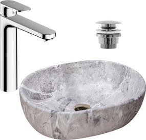 Pachet lavoar pe blat Rea Lara Stone gri 48.5 cm, baterie lavoar Hansgrohe Vernis Blend crom si ventil lavoar Click-Clack crom