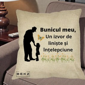 Cadou pentru Bunic - Perna Personalizata Bunicul Meu Izvor de Liniste cu Fluture si Fetita, 40x40 cm, Crem, Husa Detasabila, Perna Inclusa, BEKZ®