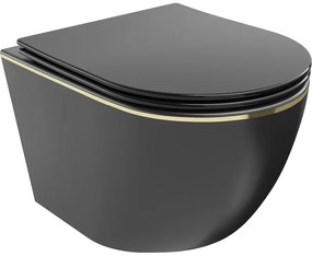 Mexen Lena vas de toaletă Rimless cu capac slim cu închidere lentă, duroplast, Negru mat/aurie linii - 30224075