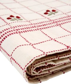 Față de masă din bumbac brodată manual cu model în carouri și flori, 120×220 cm, „Bloom"