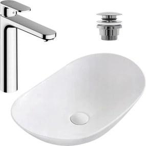 Pachet lavoar pe blat Rea Royal alb 62.5 cm, baterie lavoar Hansgrohe Vernis Blend 190 crom si ventil lavoar Click-Clack crom