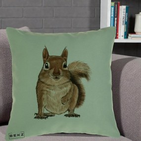 Perna Decorativa Veverita Acuarela, 40x40 cm, Verde, Husa Detasabila, Perna Inclusa, BEKZ®