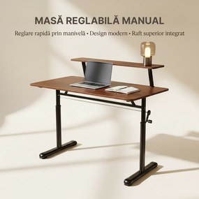 WX-007 – Birou Reglabil Manual cu Înălțime Ajustabilă 65–90 cm, Blat Monobloc din PAL de Înaltă Densitate 15 mm, Cadru Metalic din Oțel, Raft Superior Integrat, 100x60 cm, Walnut