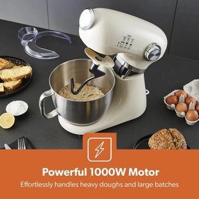 Mixer planetar Swiss Haus SH-KM2005, 1000 W, 5 l, 12 viteze, Pornire treptata, Cap rabatabil, Bol din inox, Crem
