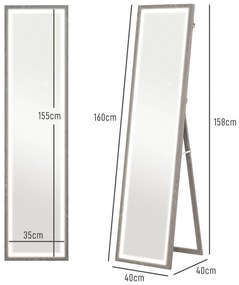 HOMCOM Oglindă de Perete Iluminată cu Lumini LED și Buton Touch, Oglindă de Podea din Sticlă și MDF, 40x5x160 cm, Gri | Aosom Romania