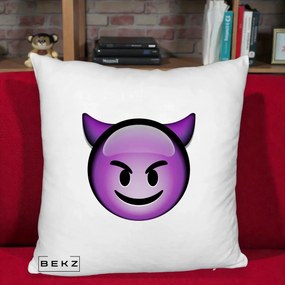 Perna Decorativa Emoji Diavol Mov, 40x40 cm, Alb Pufos, Husa Detasabila, Perna Inclusa, BEKZ®