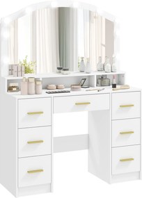 HOMCOM Masă de machiaj cu 10 becuri LED Hollywood, oglindă, 7 sertare, 3 compartimente, MDF, Alb | Aosom Romania