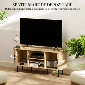 HOMCOM Dulap TV cu 2 Dulapuri, 2 Rafturi și 2 Orificii pentru Cabluri, Mobilier TV din Lemn, 120x40x55 cm, Lemn Natural | Aosom Romania