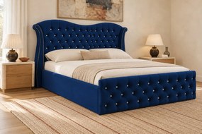 Pat tapițat Chesterfield Avella 160×200 cm, bleumarin, cu ladă de depozitare