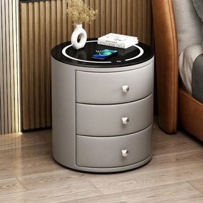 Noptieră inteligentă multifuncțională rotundă, 3 sertare, iluminare LED-uri Touch, încărcare fără fir, încărcare USB, difuzor Bluetooth, sticlă securizată, Gri