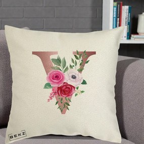 Cadou Personalizat - Perna Personalizata Monograma Rose Gold Litera V, 40x40 cm, Ecru, Husa Detasabila, Perna Inclusa, BEKZ®