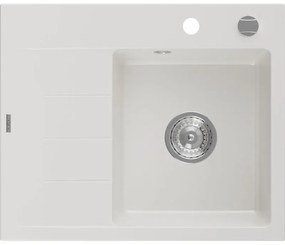Mexen Ben chiuvetă de granit cu o cuvă și scurgător dreapta 600 x 500 mm, alb, sifon crom - 6523605000-20