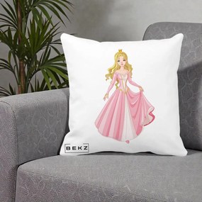 Perna Decorativa Printesa Aurora Rochie Roz, 40x40 cm, Alba Mata, Husa Detasabila, Perna Inclusa, BEKZ®