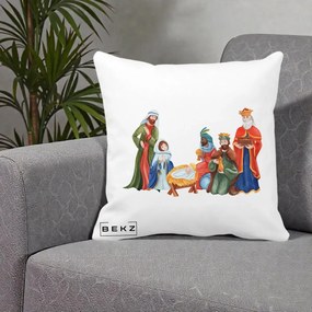Perna Decorativa Nasterea Domnului Cei Trei Magi Acuarela, 40x40 cm, Alba Mata, Husa Detasabila, Perna Inclusa, BEKZ®