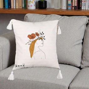 Perna Decorativa Portret Feminin Maci Rosii Auriu, 40x40 cm, Bej cu Franjuri, Husa Detasabila, Perna Inclusa, BEKZ®