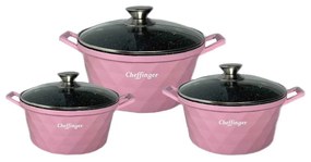 Set de 3 Cratite Cheffinger cu Capac si Acoperire de Marmura Anti-lipire Roz