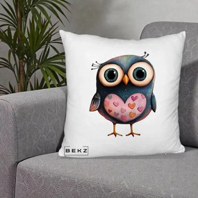 Perna Decorativa Bufnita cu Inimioare Roz, 40x40 cm, Alb Pufos, Husa Detasabila, Perna Inclusa, BEKZ®