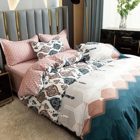 Lenjerie de pat cu elastic, policoton, pat 2 persoane, multicolor, 4 piese, E-83