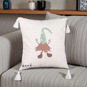 Perna Decorativa Pitic Gnom Nordic cu Cadou Menta, 40x40 cm, Bej cu Franjuri, Husa Detasabila, Perna Inclusa, BEKZ®