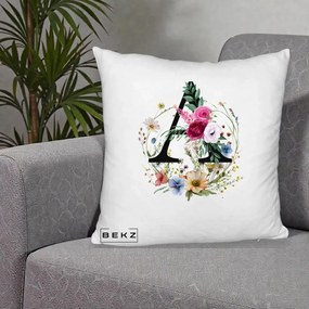Cadou Personalizat - Perna Personalizata Monogram Litera A cu Flori Acuarela, 40x40 cm, Alb Pufos, Husa Detasabila, Perna Inclusa, BEKZ®