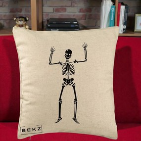 Perna Decorativa Halloween Schelet Dansator, 40x40 cm, Bej, Husa Detasabila, Perna Inclusa, BEKZ®