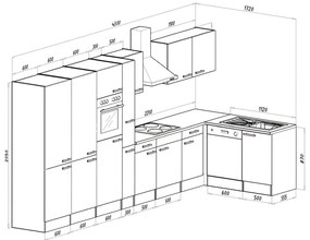 Mobilă de bucătărie de colț Yorki 430, corp din stejar Yorki, față alb satinat, frigider sub blat