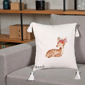 Perna Decorativa Caprioara cu Flori in Coama, 40x40 cm, Bej cu Franjuri, Husa Detasabila, Perna Inclusa, BEKZ®