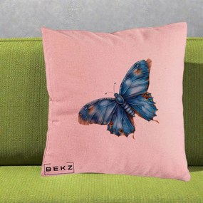 Perna Decorativa Fluture Albastru Satin cu Pete Aurii, 40x40 cm, Roz, Husa Detasabila, Perna Inclusa, BEKZ®