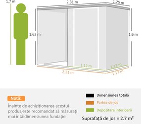 Outsunny Șopron de Grădină din Oțel Galvanizat, Ușă Blocabilă, 231 x 125 x 162 cm, Gri Închis | Aosom Romania