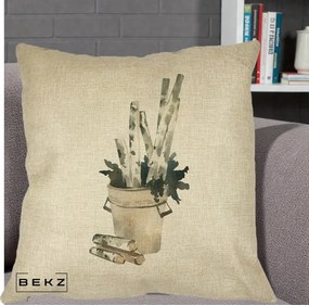 Perna Decorativa Butuci de Mesteacan Watercolor, 40x40 cm, Crem, Husa Detasabila, Perna Inclusa, BEKZ®