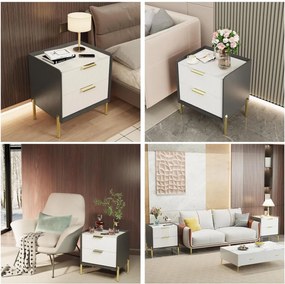 NOG3 - Set 2 Noptiere, 48 cm, cu 2 sertare pentru dormitor, Piele Ecologica si Riflaje - Gri- Alb - Auriu