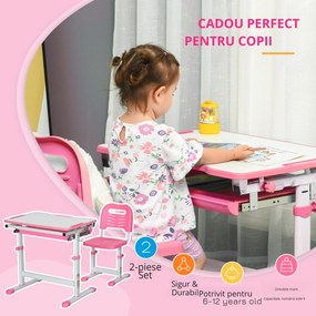 HOMCOM Set Masă și Scaun pentru Copii Reglabilă pe Înălțime, cu Blat Înclinabil 45°, 66x47x52-77 cm, Roz | Aosom Romania